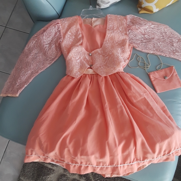 Girl' Peach Long Sleeve Lace Dress - Picture 2 of 10